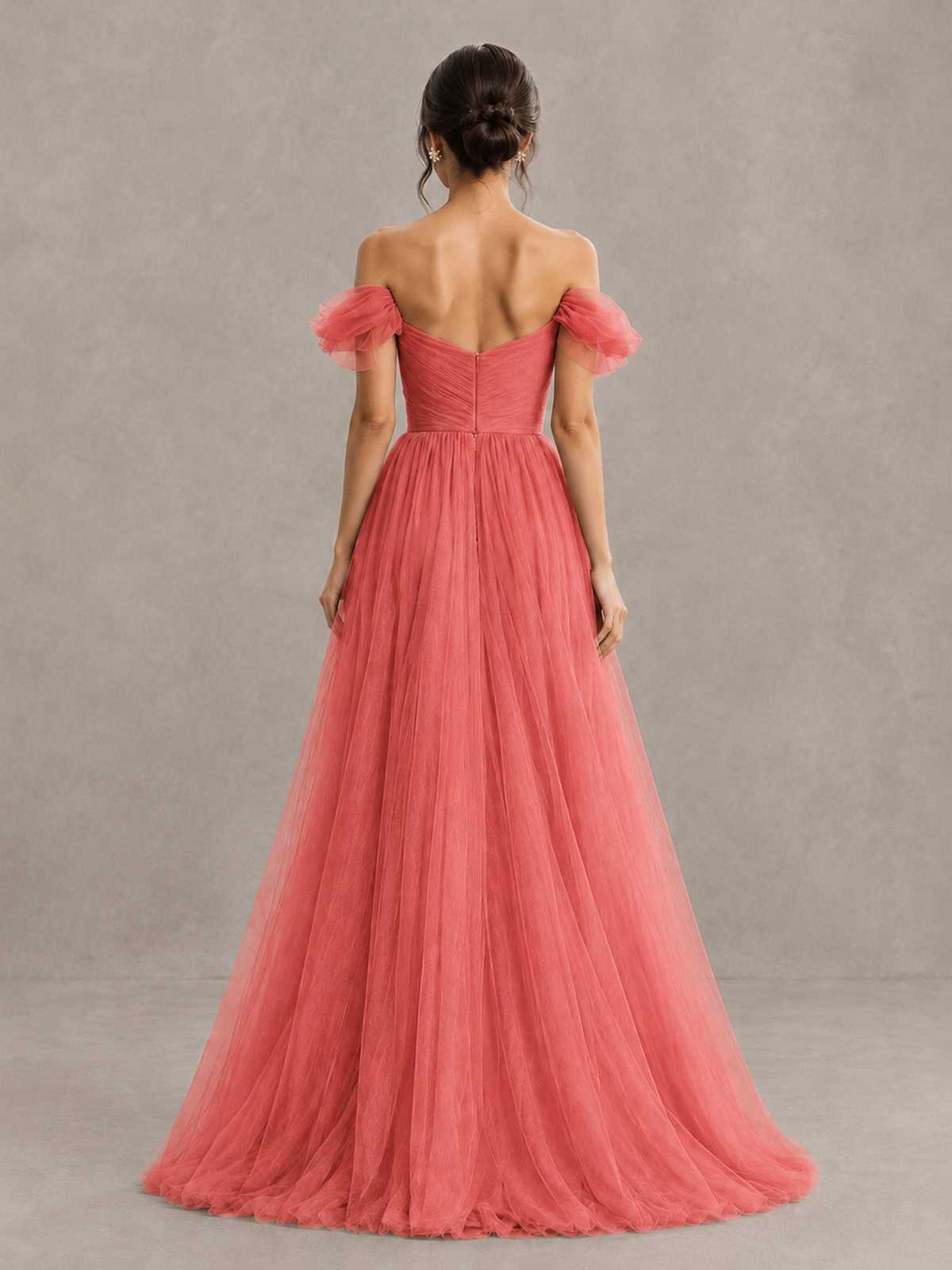 BOLODOO Coral Off-the-Shoulder Ruffle Sleeve A-Line Bridesmaid Dress - Coral - Coral (2)