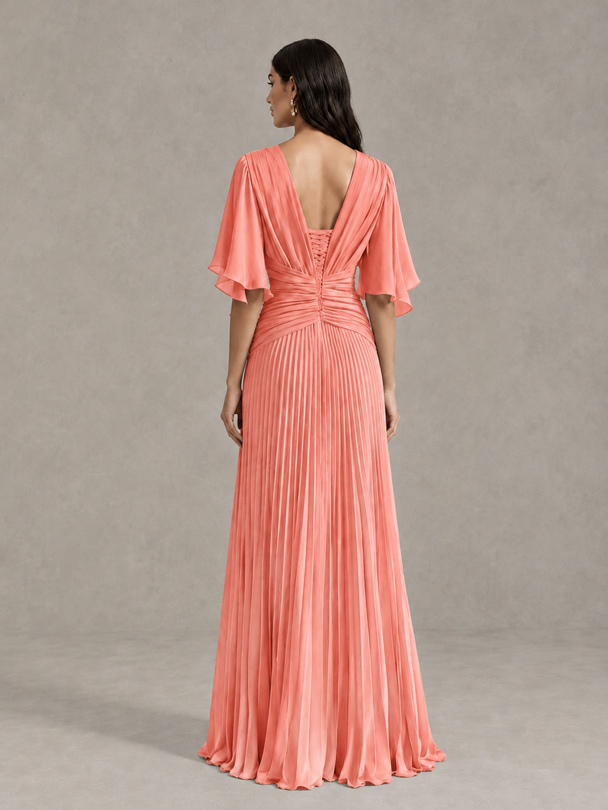 BOLODOO Coral Pleated V-Neck Flutter Sleeve Bridesmaid Dress - Coral - Coral (2)