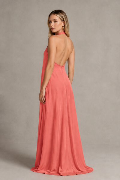 BOLODOO Coral Backless Halter Satin Bridesmaid Dress - Coral