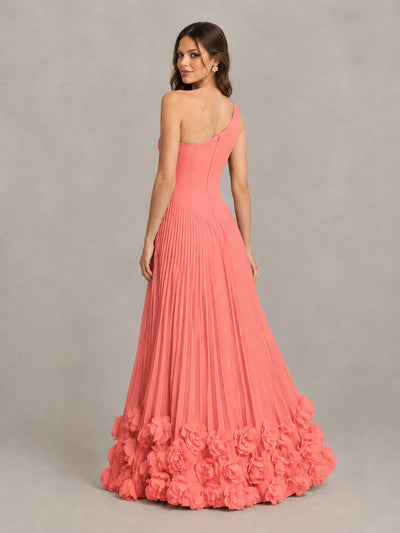 BOLODOO Coral One Shoulder Pleated Bridesmaid Dress with 3D Floral Hem and High Slit - Coral - Coral (2)