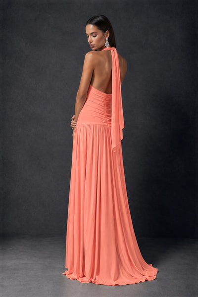 BOLODOO Coral Halter Deep V-Neck Ruched Chiffon Open Back Maxi Dress with Draped Neck Tie - Coral
