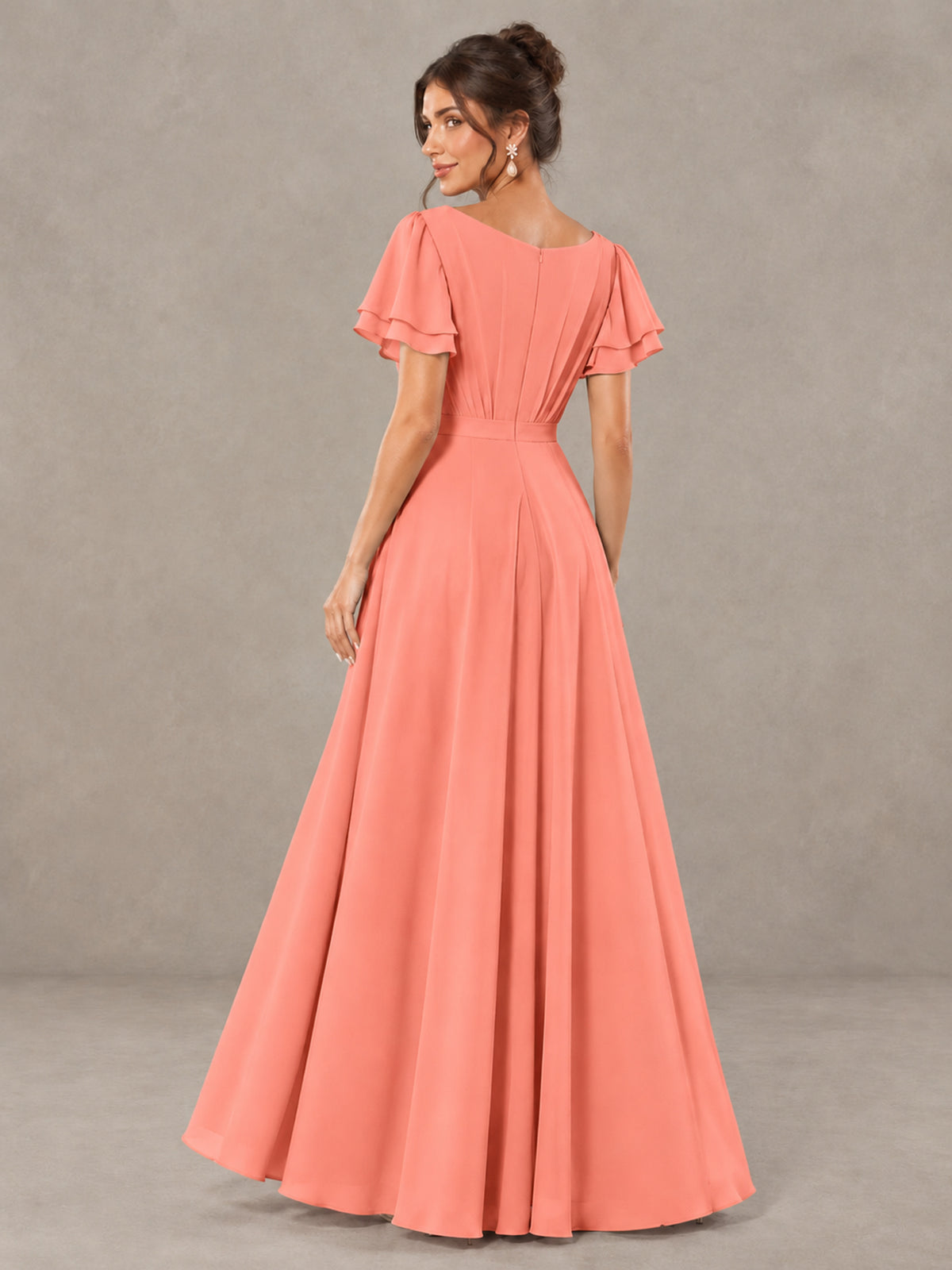BOLODOO Coral Flutter Sleeve Ruffle Bridesmaid Dress with Slit - Coral - Coral (2)