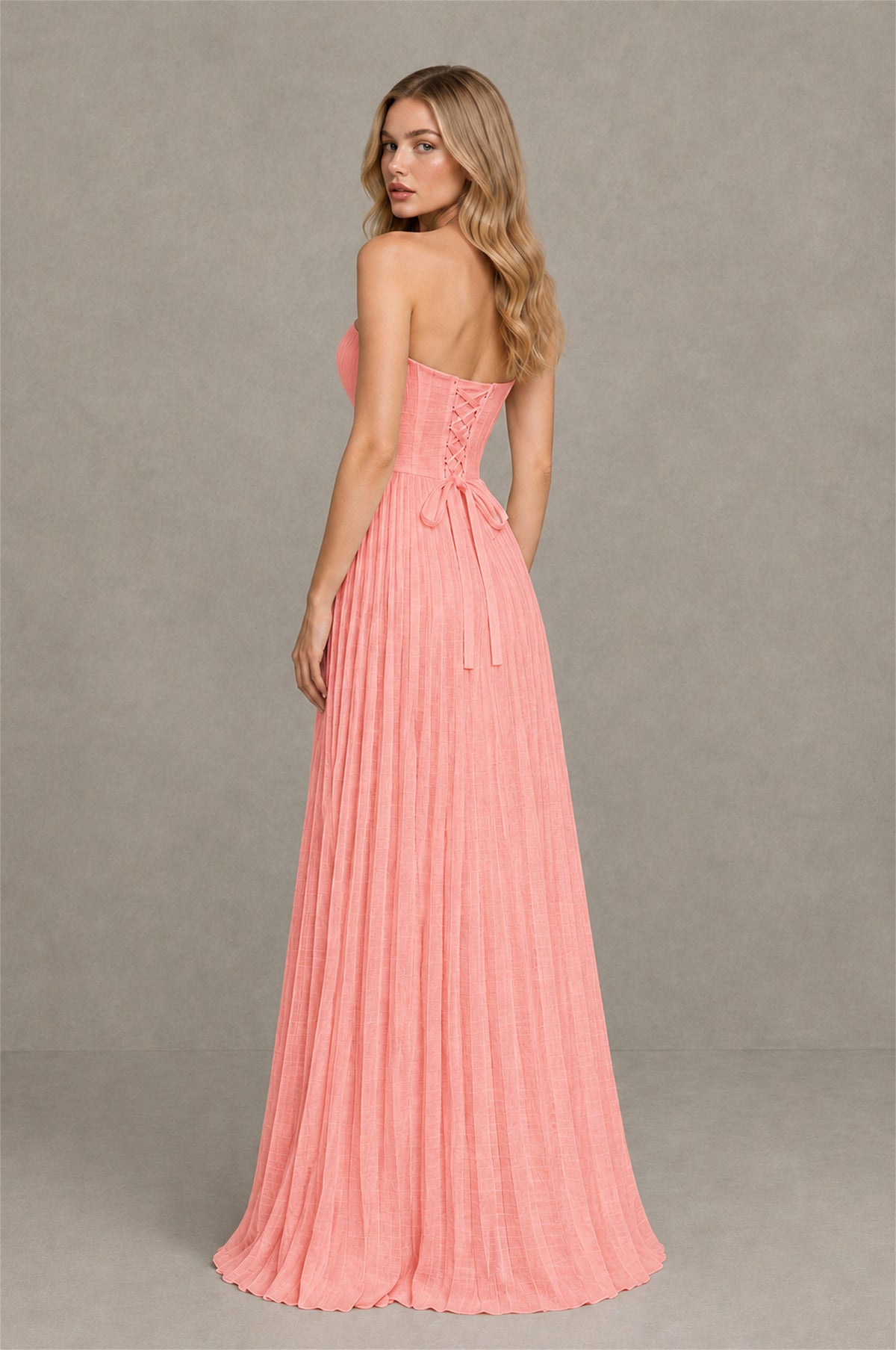 BOLODOO Coral Strapless Sunburst Pleated Twisted Knot Lace-Up Back Accordion Pleated Chiffon Maxi Dress - Coral