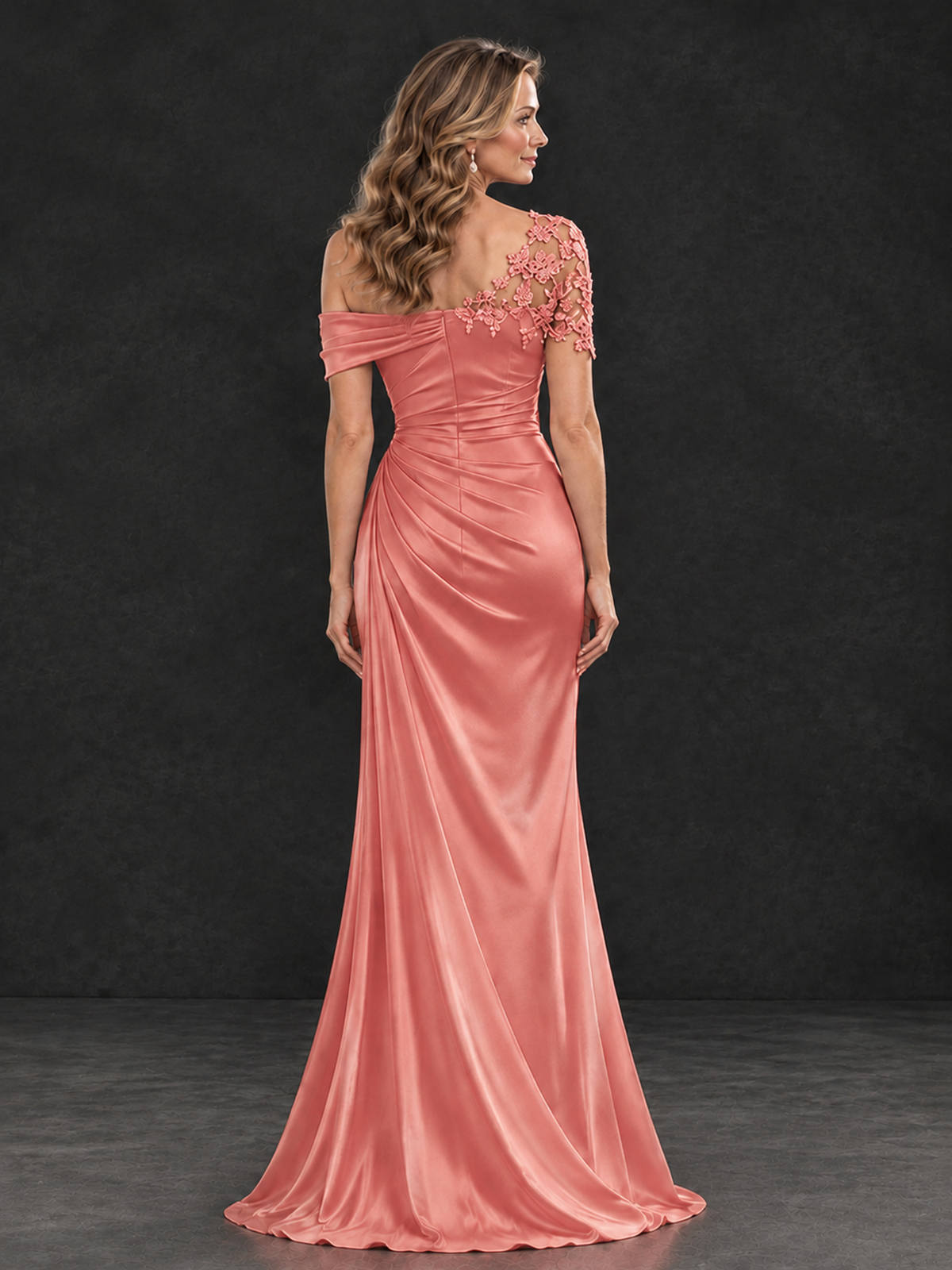 BOLODOO Coral Asymmetric Satin Mother of the Bride Dress with Lace Sleeve - Coral - Coral (2)
