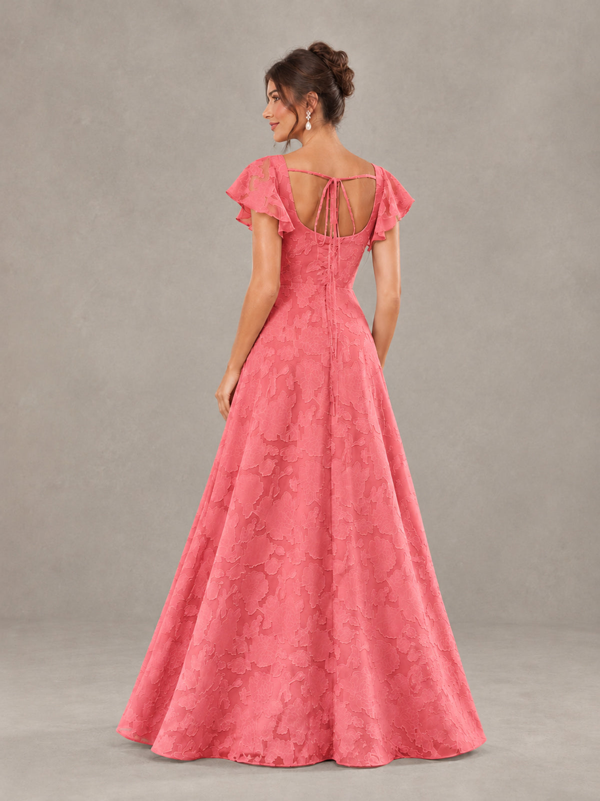 BOLODOO Coral Floral Flutter Sleeve Bridesmaid Dress with Slit - Coral - Coral (2)