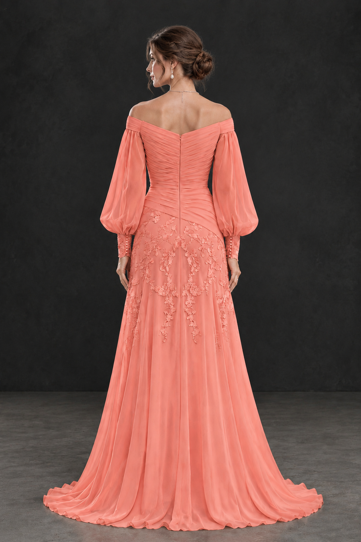BOLODOO Coral Long Sleeve Mother of the Bride Dress with Floral Appliqués - Coral - Coral (2)