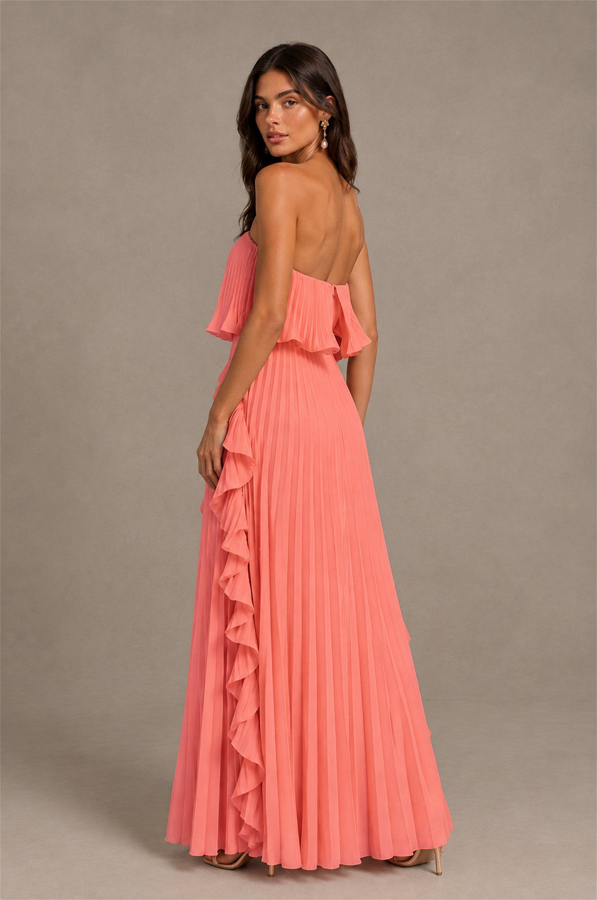 BOLODOO Coral Strapless Ruffle Bodice Dual Cascading Ruffle Accordion Pleated Chiffon Maxi Dress - Coral