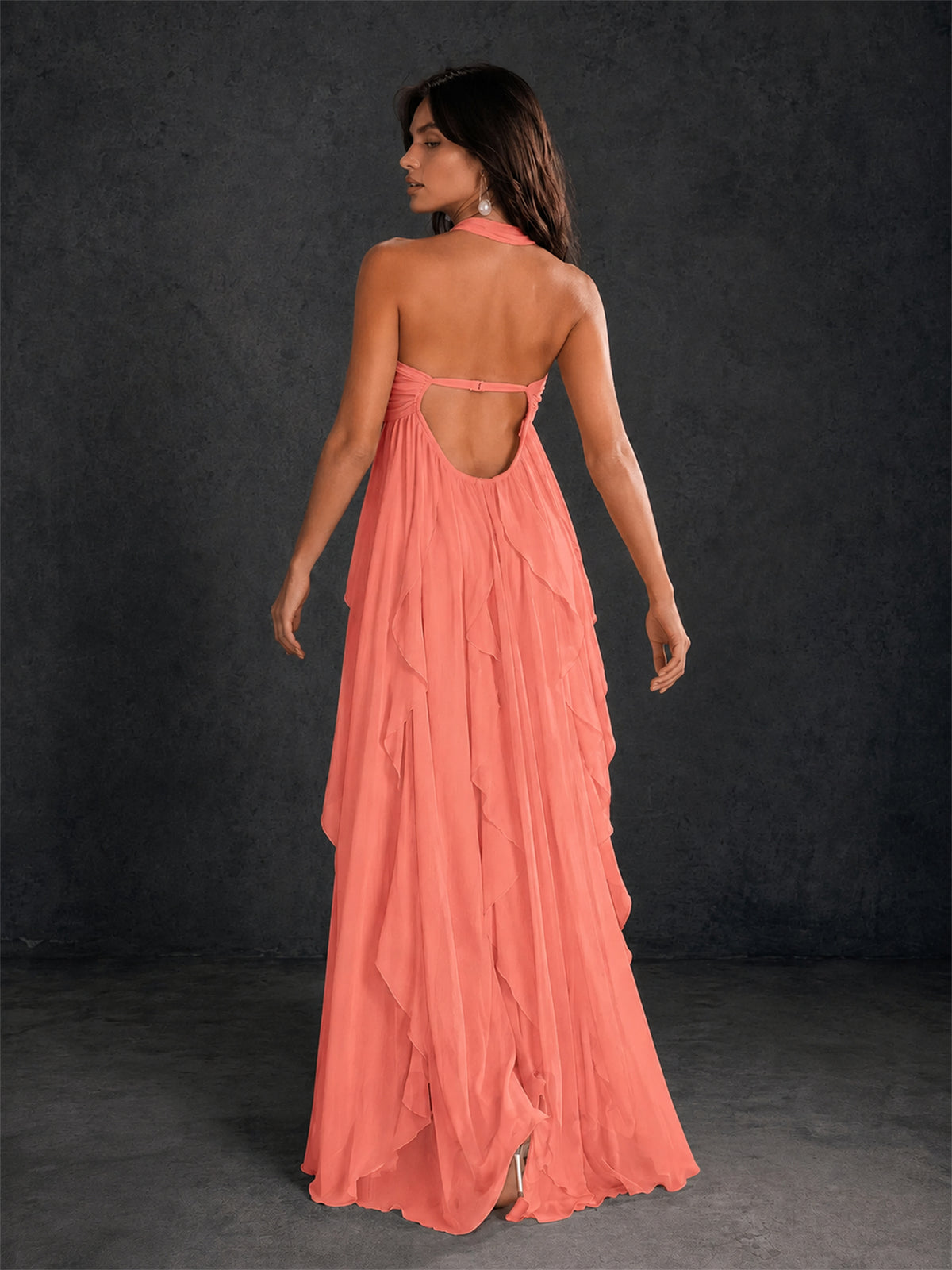 BOLODOO Coral Halter Neck Cascading Ruffle Chiffon Maxi Dress | Keyhole Open Back - Coral