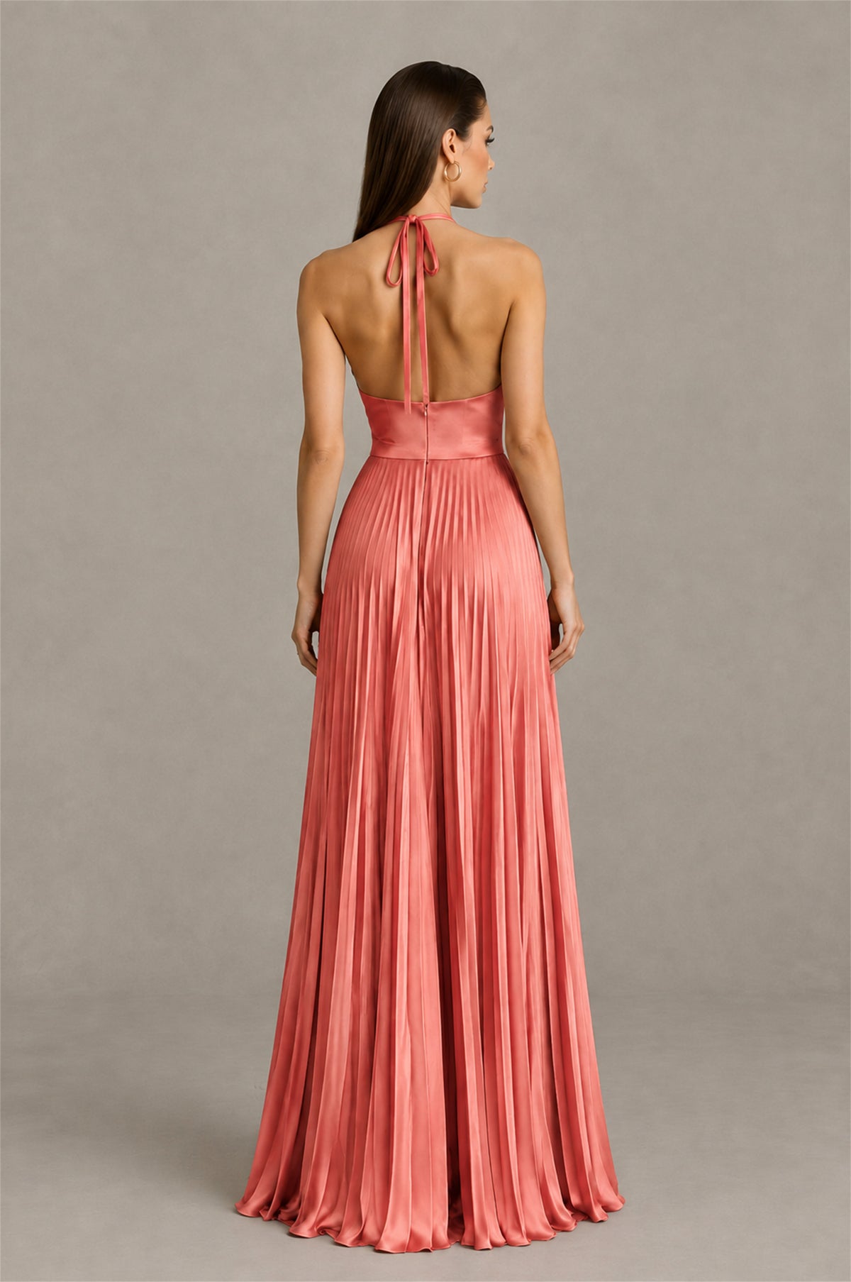 BOLODOO Coral Halter Pleated A-Line Evening Dress - Coral