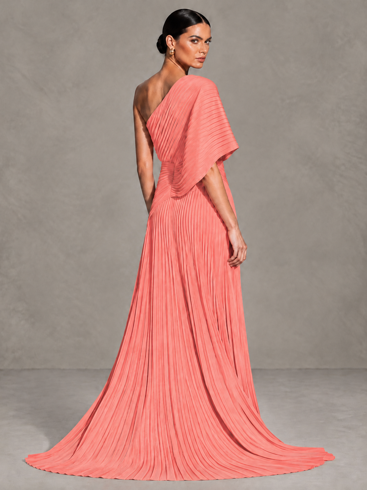 BOLODOO Coral One-Shoulder Pleated Cape Evening Gown with Train - Coral - Coral (2)