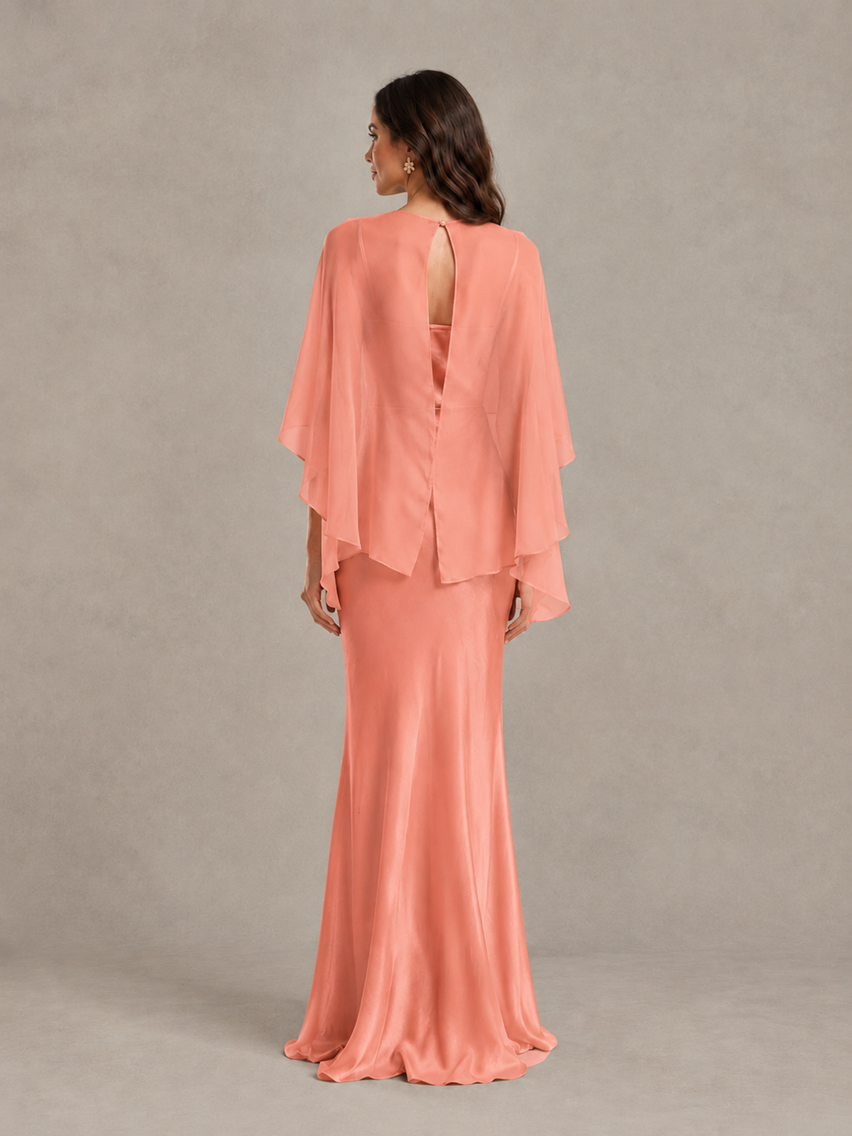 BOLODOO Coral Satin Mermaid Bridesmaid Dress with Chiffon Cape - Coral - Coral (2)