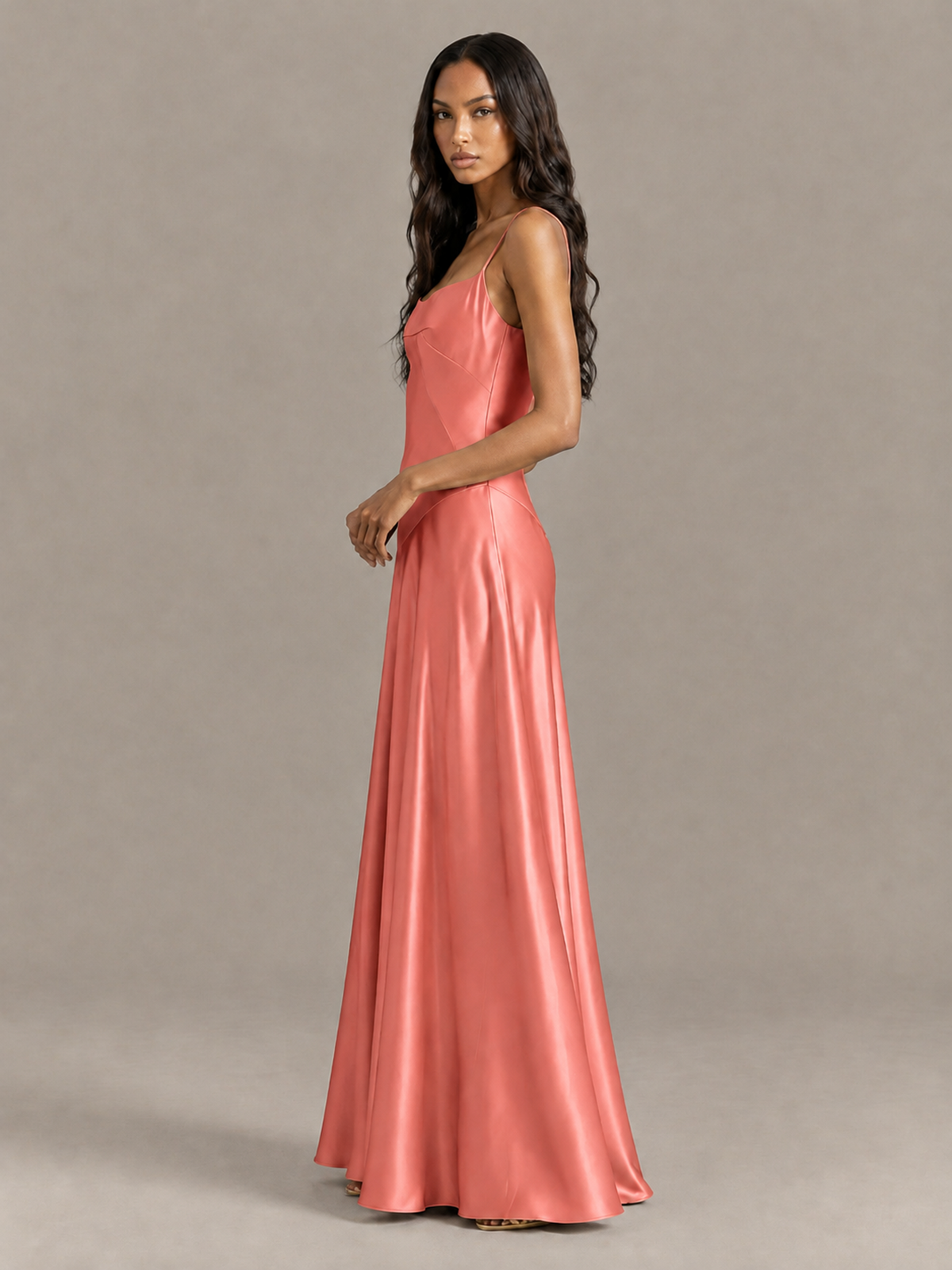 BOLODOO Coral Satin Lace-Up Back Maxi Dress - Coral