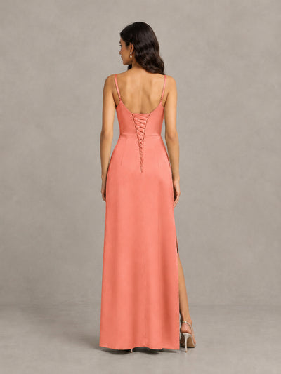 BOLODOO Coral Cowl Neck Satin Bridesmaid Dress with Slit - Coral - Coral (2)
