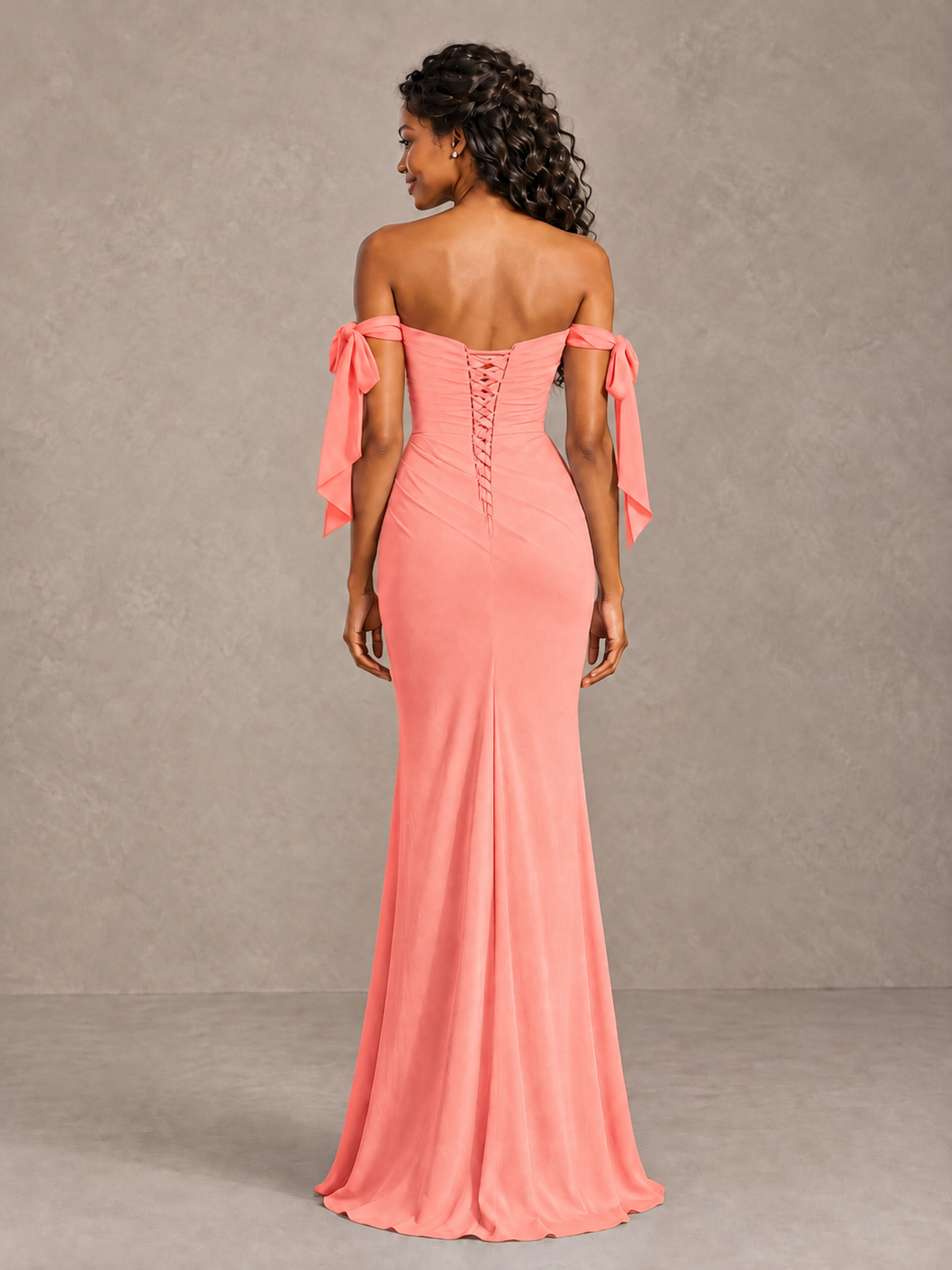Coral Off-Shoulder Bow Bridesmaid Dress with Slit - Coral - Coral (2)