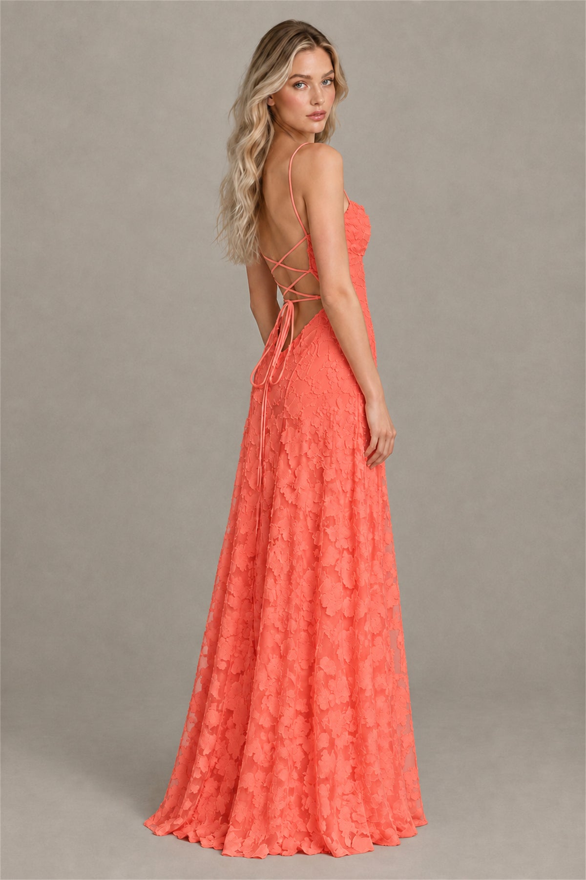 BOLODOO Coral Floral Appliqué Lace-Up Back Maxi Dress - Coral