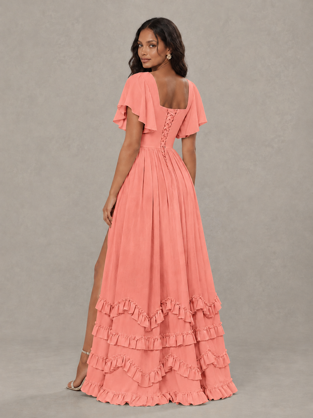 BOLODOO Coral V-Neck Flutter Sleeve Ruffle Bridesmaid Dress with Slit - Coral - Coral (2)