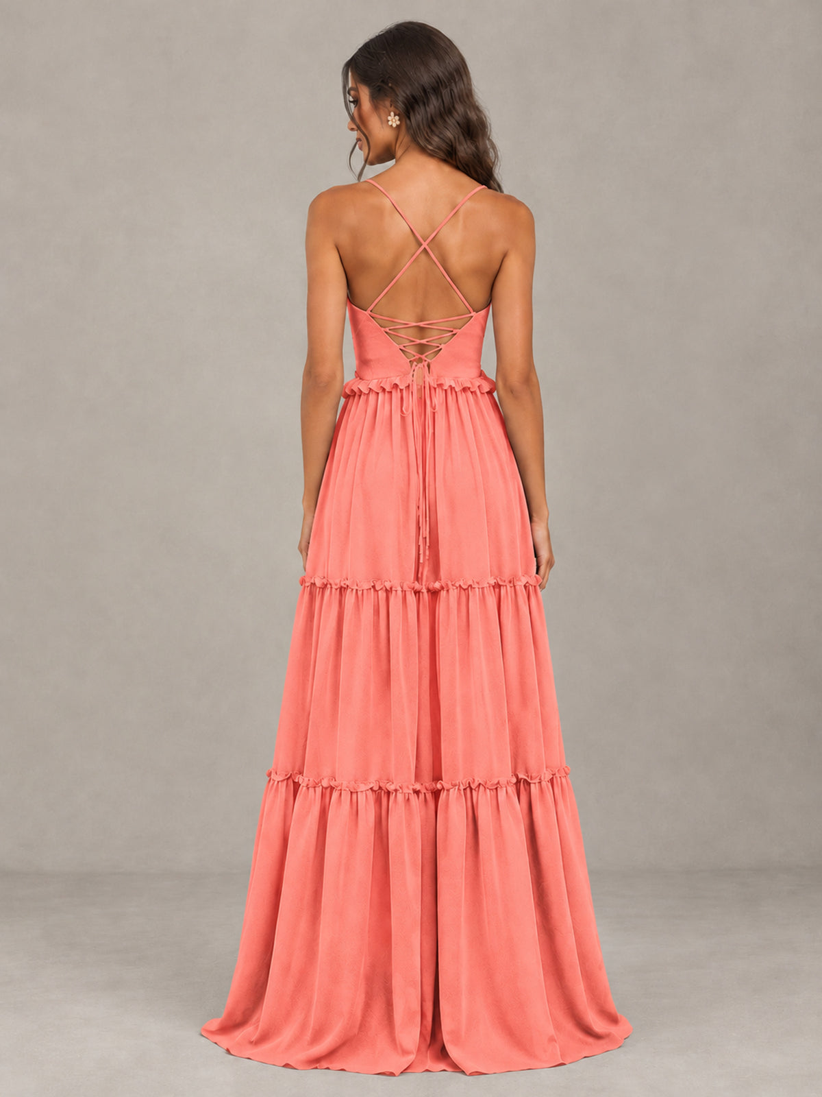 BOLODOO Coral Tiered V-Neck Lace-Up Back Bridesmaid Dress - Coral - Coral (2)