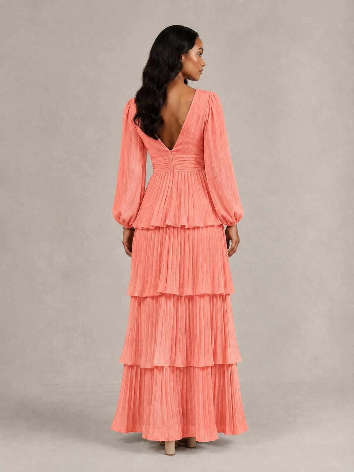 BOLODOO Coral Long-Sleeve Tiered Maxi Dress with Deep V-Neck - Coral