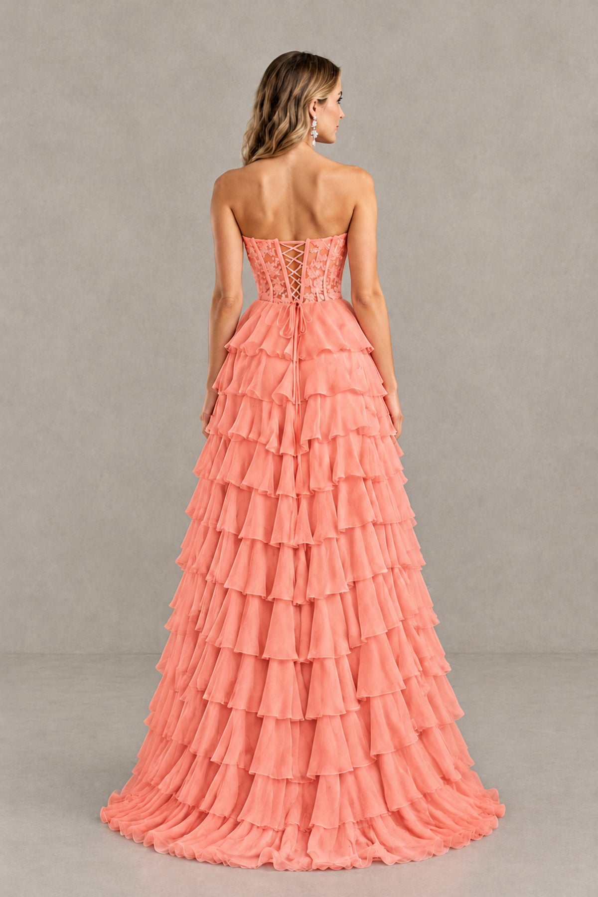 BOLODOO Coral Strapless Lace Corset Tiered Ruffle Prom Dress with Slit - Coral - Coral (2)