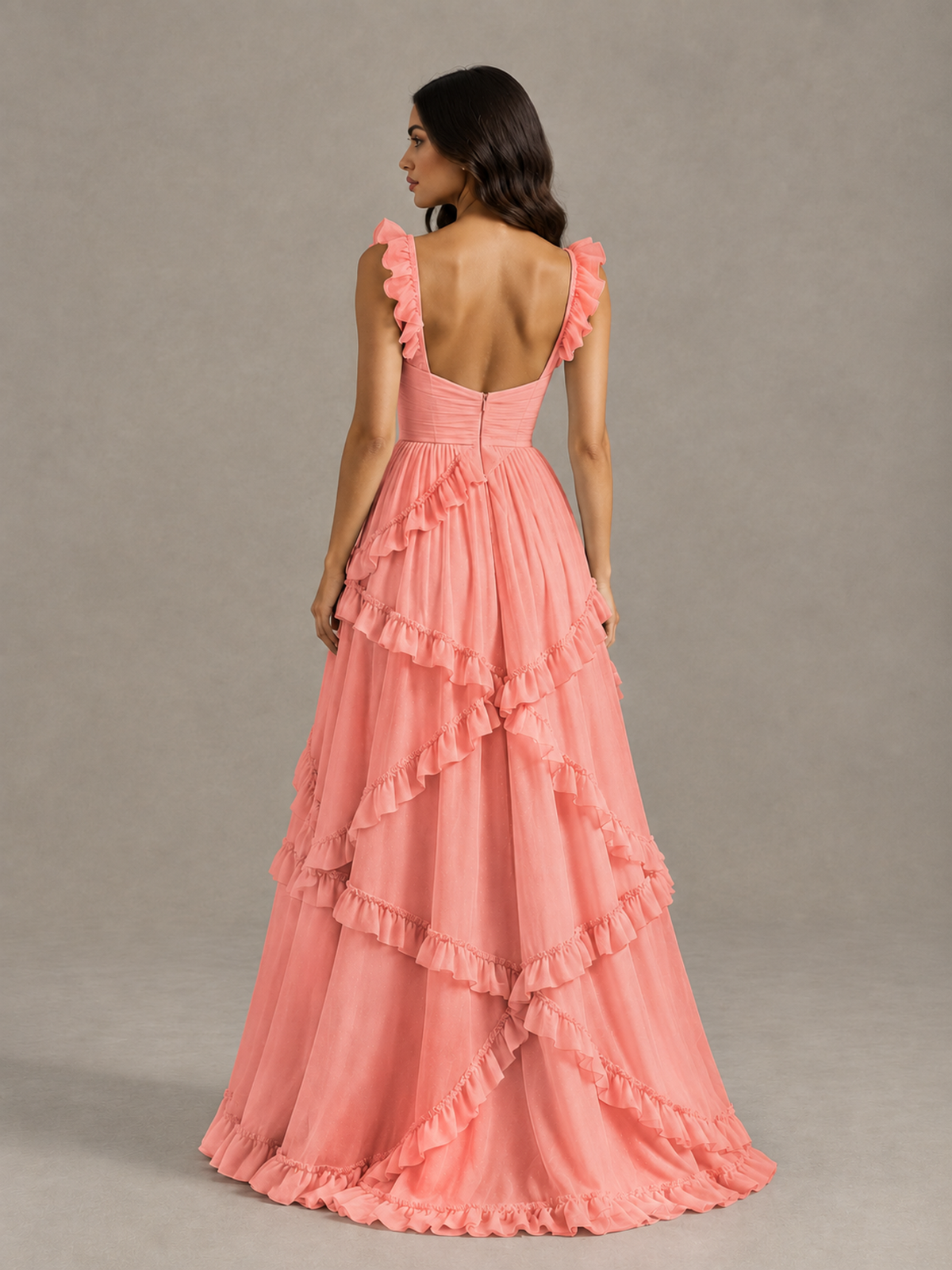 BOLODOO Coral Ruffle A-Line Prom Dress with Open Back - Coral - Coral (2)