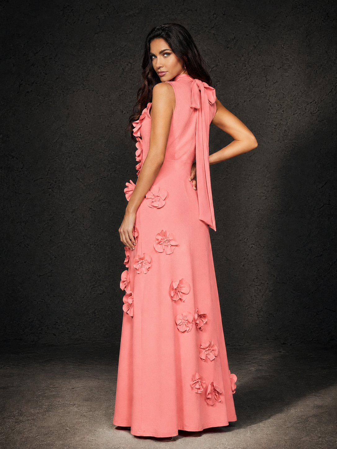 BOLODOO Coral Mock Neck Sleeveless 3D Floral Appliqué Maxi Dress with Bow Back - Coral