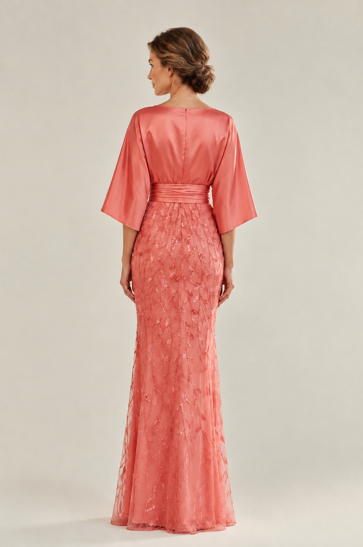 BOLODOO Coral Mother of the Bride Dress with Kimono Sleeves, Satin Bodice & Sequin Embroidered Mermaid Floor-Length Gown - Coral - Coral (2)