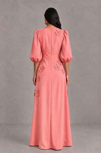 BOLODOO Coral Floral Applique Puff Sleeve A-Line Evening Dress - Coral - Coral (2)