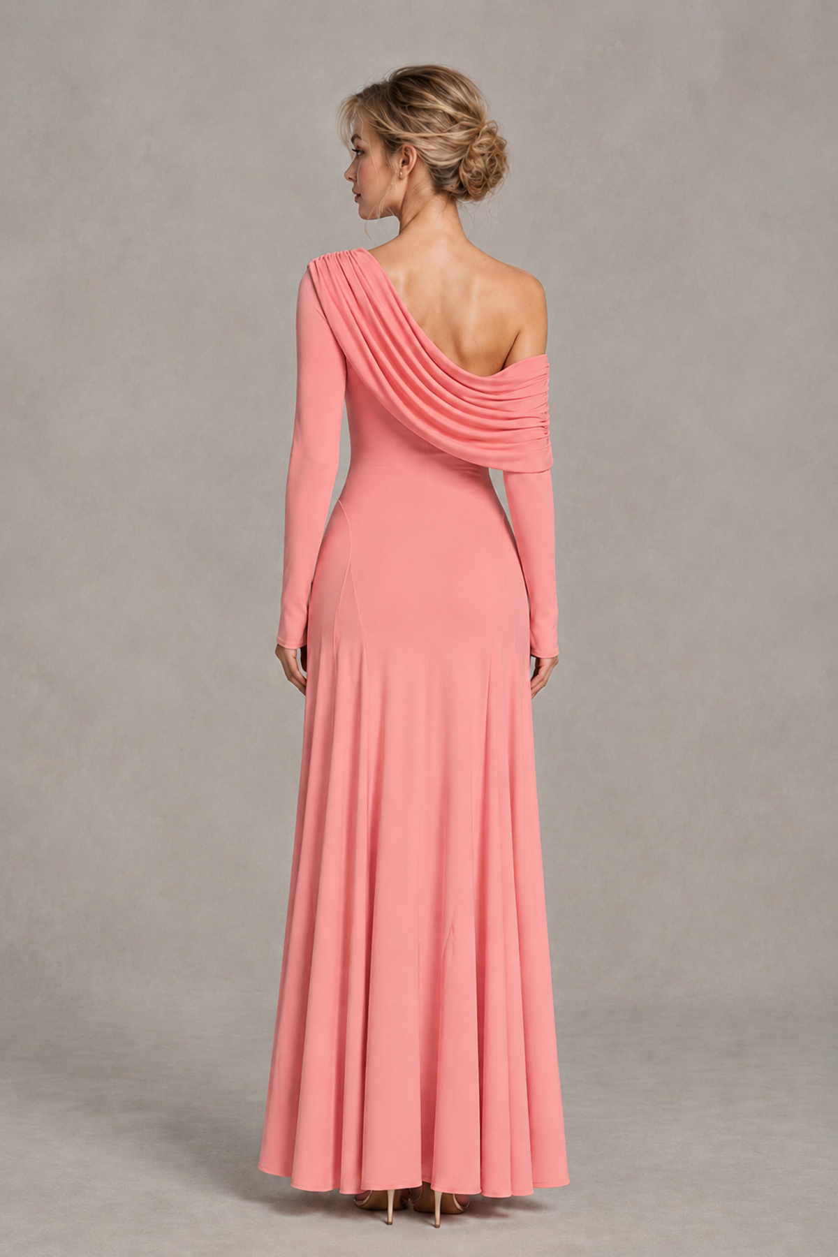 BOLODOO Coral Asymmetric Draped Long Sleeve Evening Gown - Coral