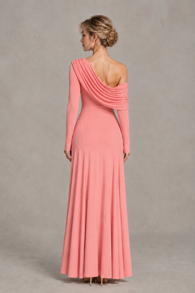 BOLODOO Coral Asymmetric Draped Long Sleeve Evening Gown - Coral
