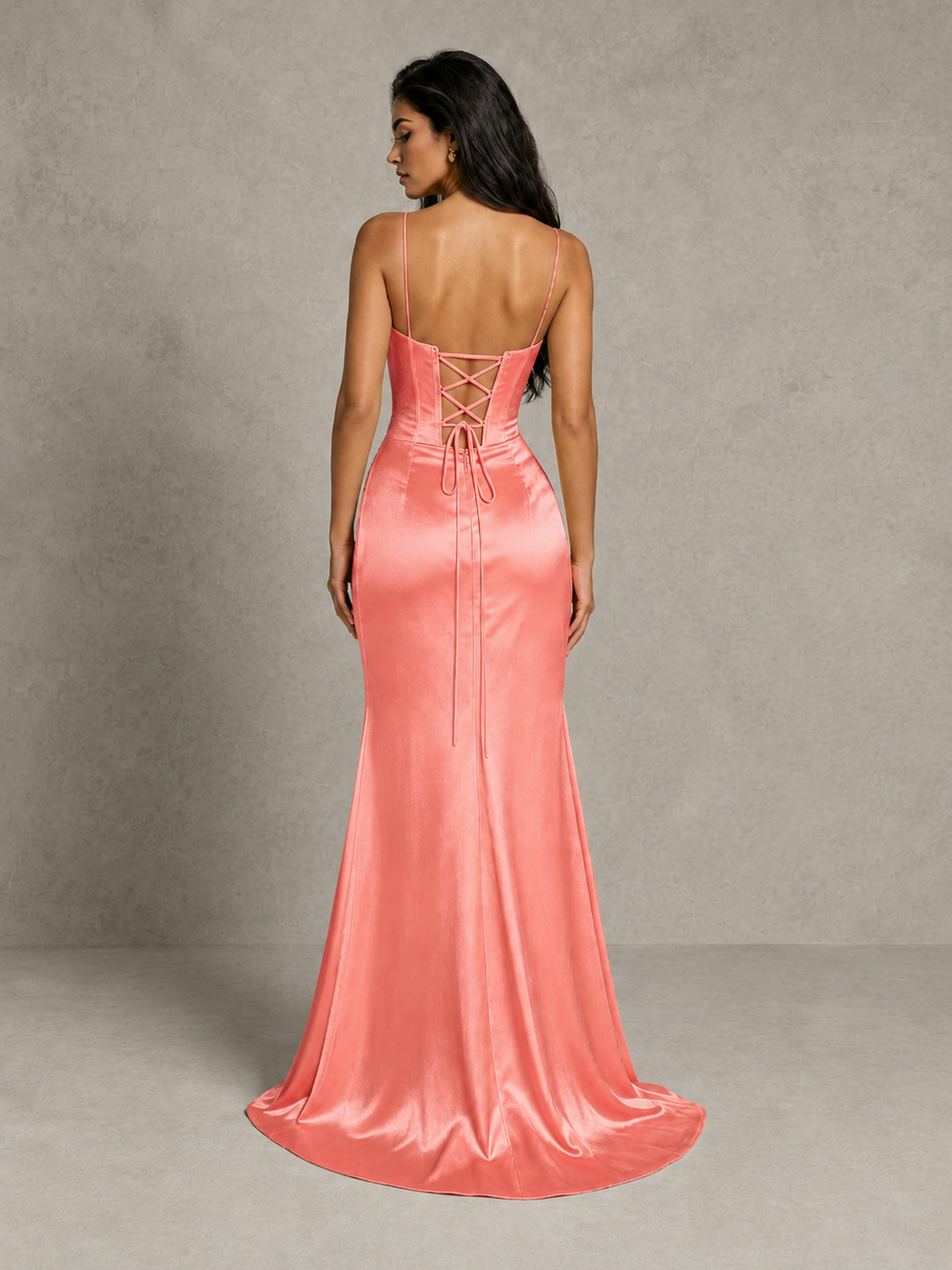 BOLODOO Coral Satin Corset Prom Dress with High Slit & Lace-Up Back - Coral - Coral (2)