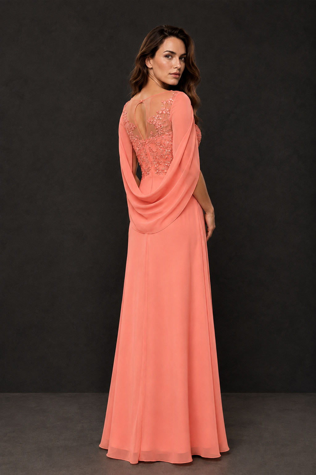 BOLODOO Coral Illusion Lace One-Side Cape Sleeve Beaded Chiffon Floor Length Gown | Mother of the Bride Evening Dress - Coral