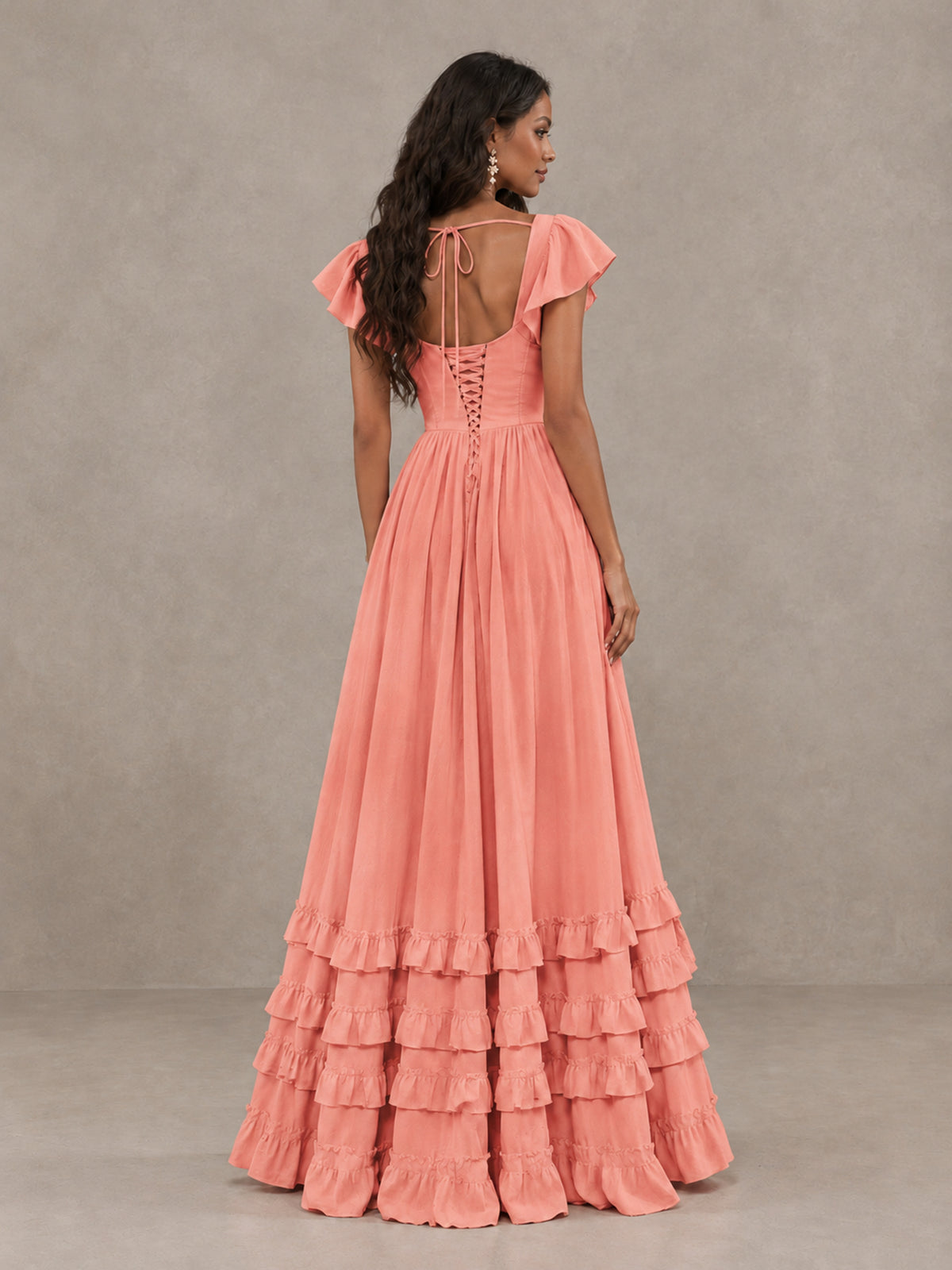 BOLODOO Coral Flutter Sleeve Ruffle Bridesmaid Dress with Slit - Coral - Coral (2)