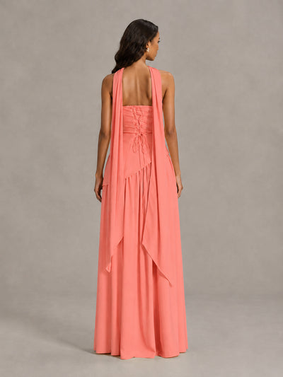 Coral Strapless Bridesmaid Dress with Scarf & High Slit - Coral - Coral (2)