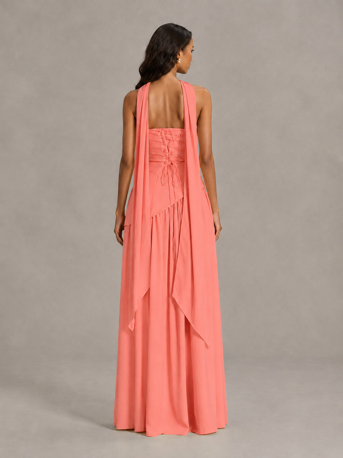 Coral Strapless Bridesmaid Dress with Scarf & High Slit - Coral - Coral (2)
