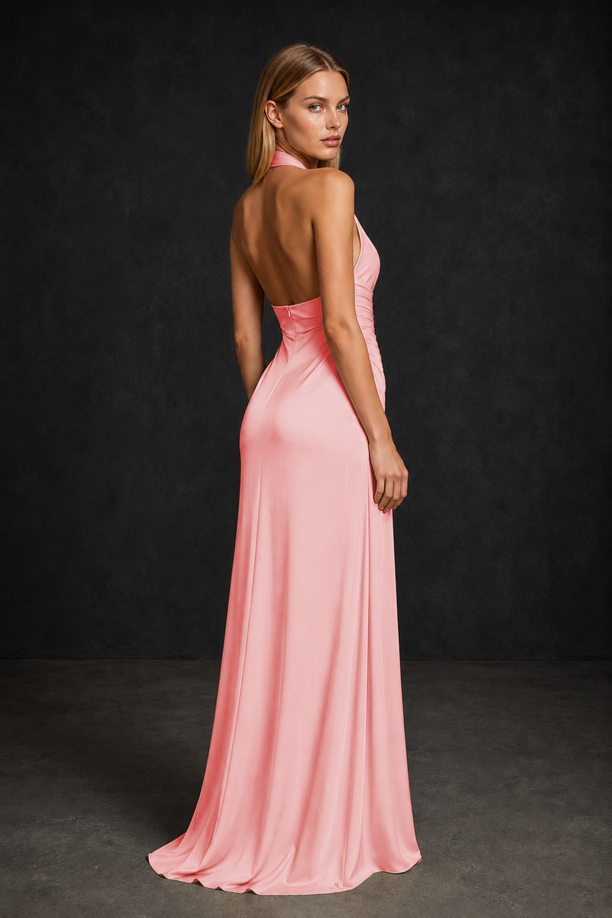 BOLODOO Coral Twisted Halter Neck Ruched Sleeveless Open Back Floor-Length Gown - Coral