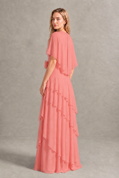 BOLODOO Coral Chiffon Flutter Sleeve Tiered Maxi Dress with 3D Rosette - Coral