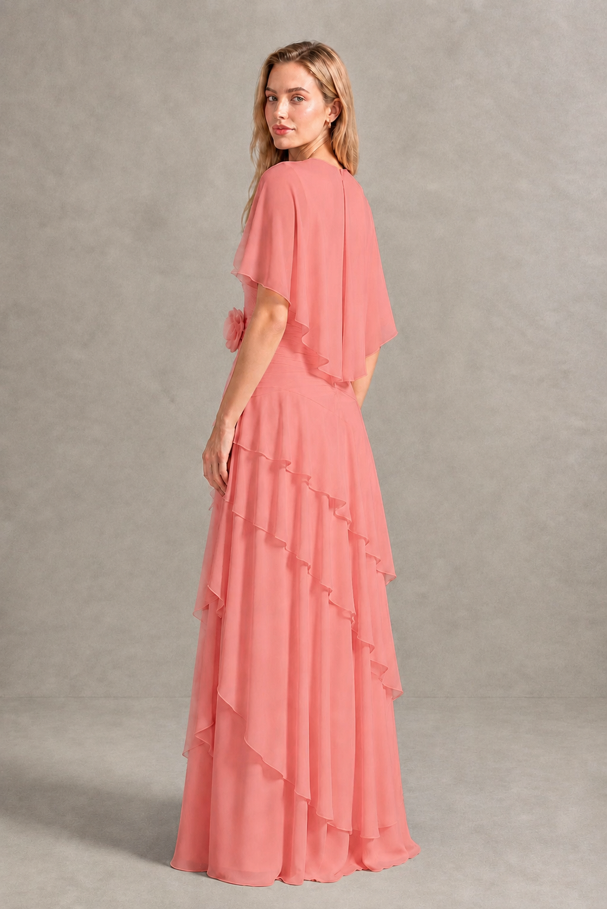 BOLODOO Coral Chiffon Flutter Sleeve Tiered Maxi Dress with 3D Rosette - Coral
