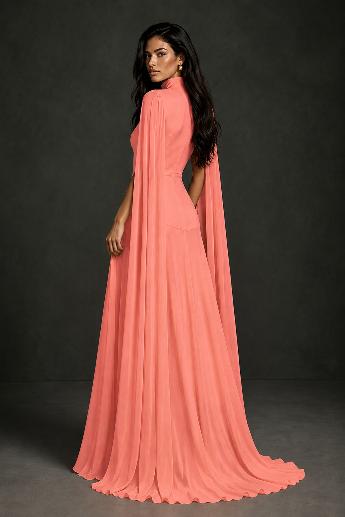 BOLODOO Coral Mock Neck Cape Sleeve A-Line Chiffon Maxi Dress - Coral