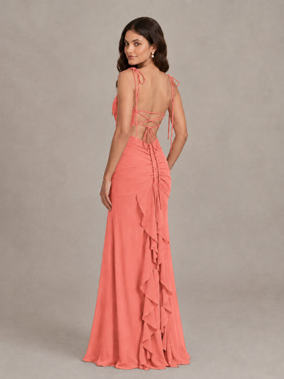 BOLODOO Coral Tie-Strap Ruched Open-Back Bridesmaid Dress - Coral - Coral (2)
