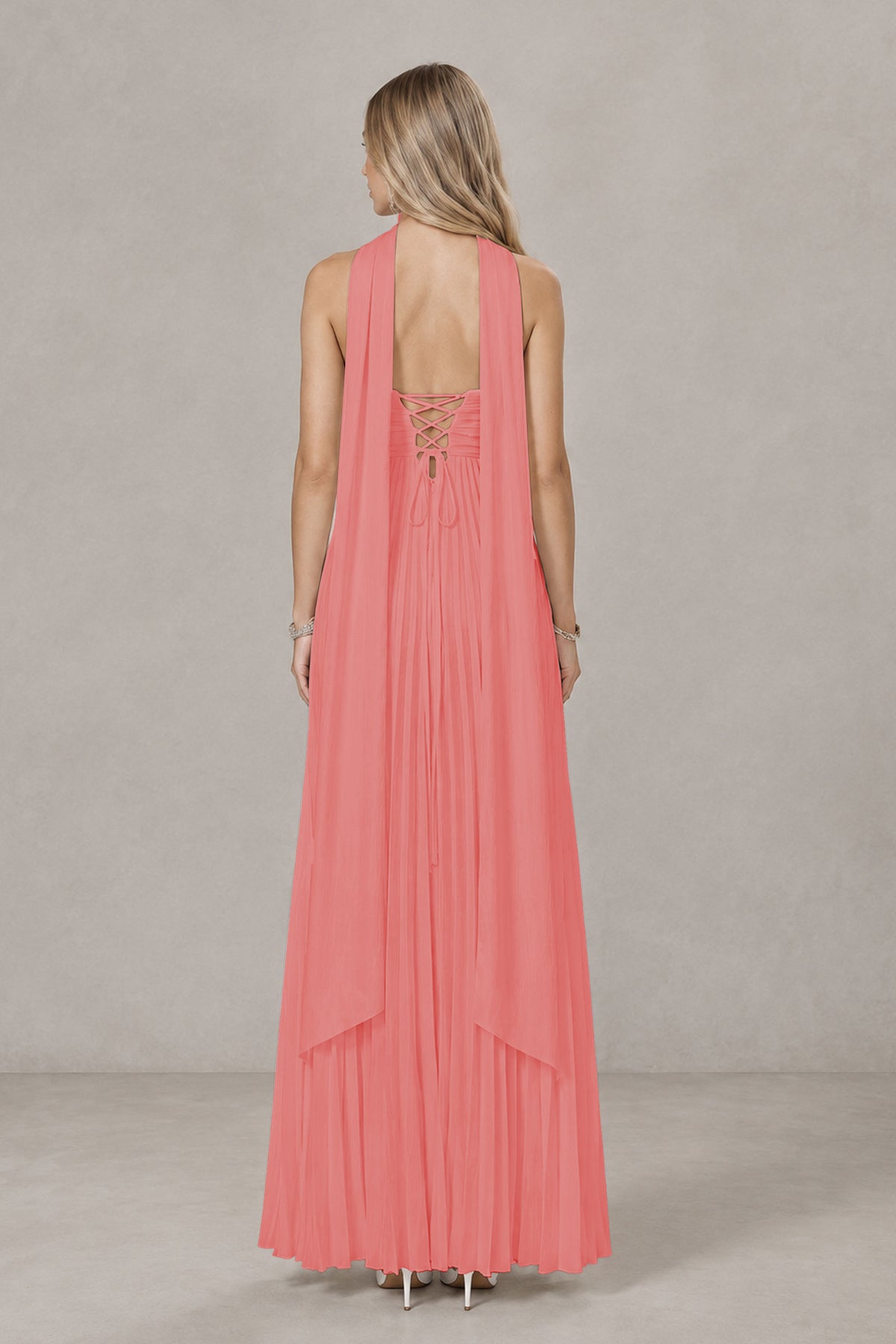 BOLODOO Coral Strapless Chiffon-Look Maxi Dress with Lace-Up Back & Cape - Coral