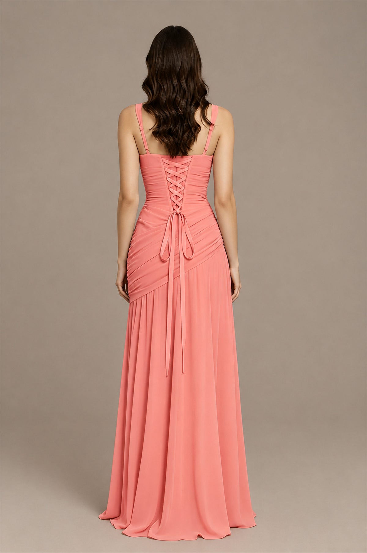 BOLODOO Coral Spaghetti Strap Ruched Maxi Dress – Formal Evening Gown with Slit - Coral