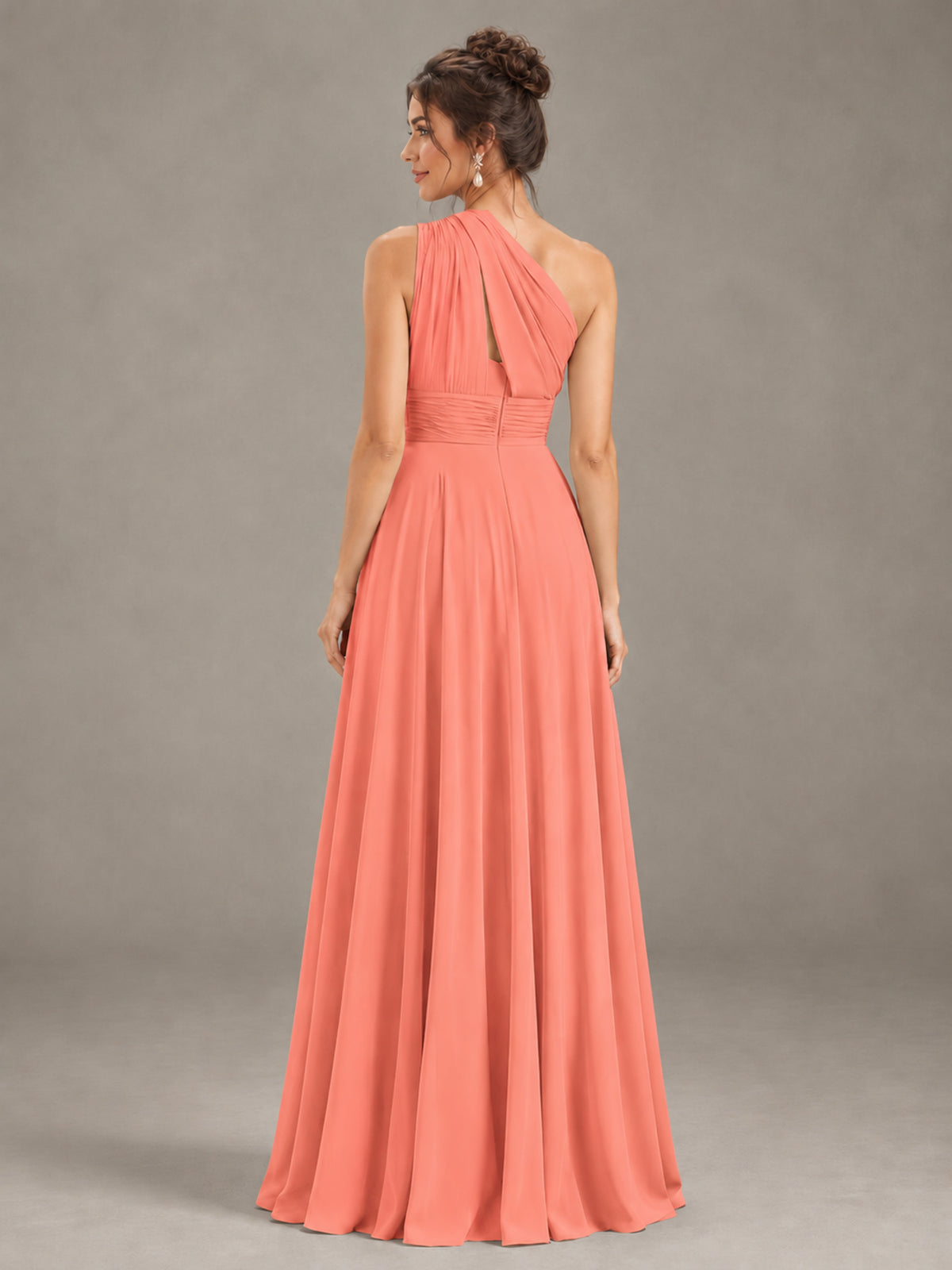 BOLODOO Coral One-Shoulder Chiffon-Look Bridesmaid Dress - Coral - Coral (2)