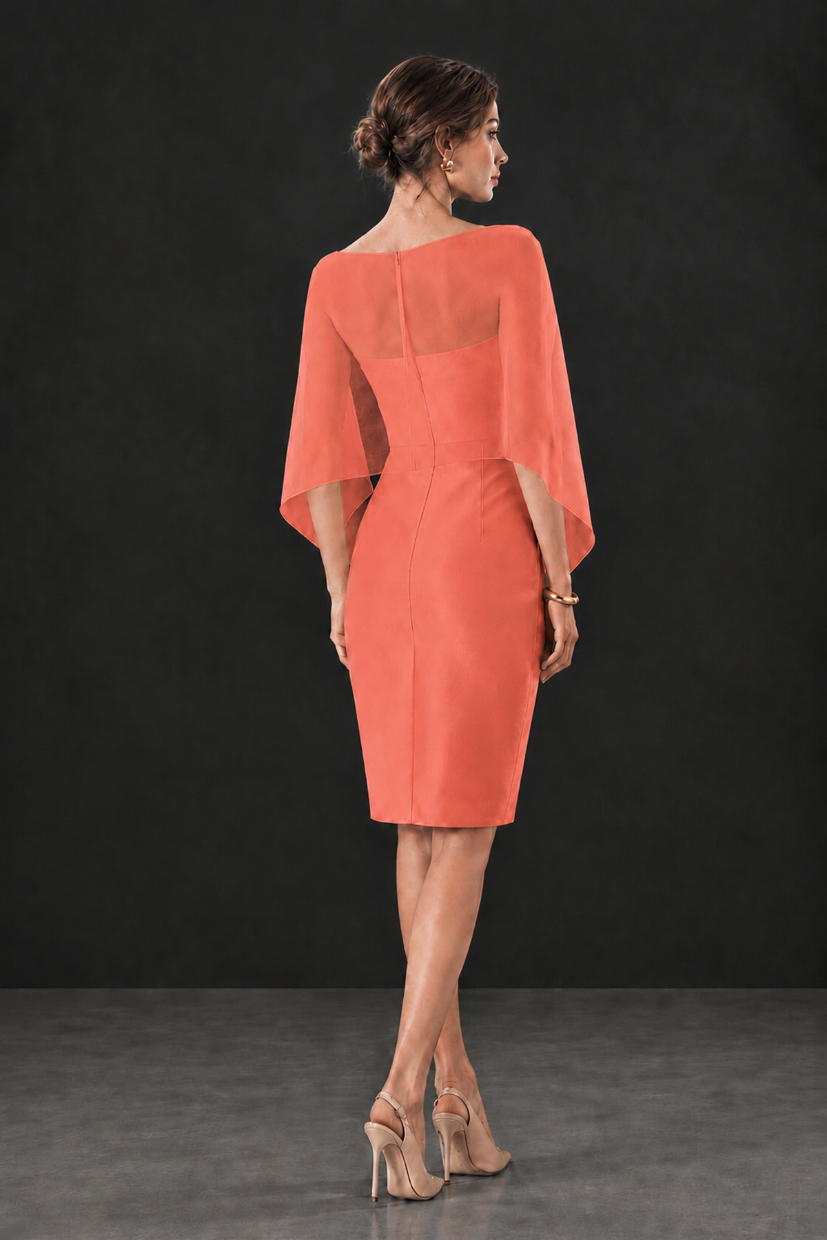 BOLODOO Coral Cape Knee-Length Mother of the Bride Dress - Coral - Coral (2)