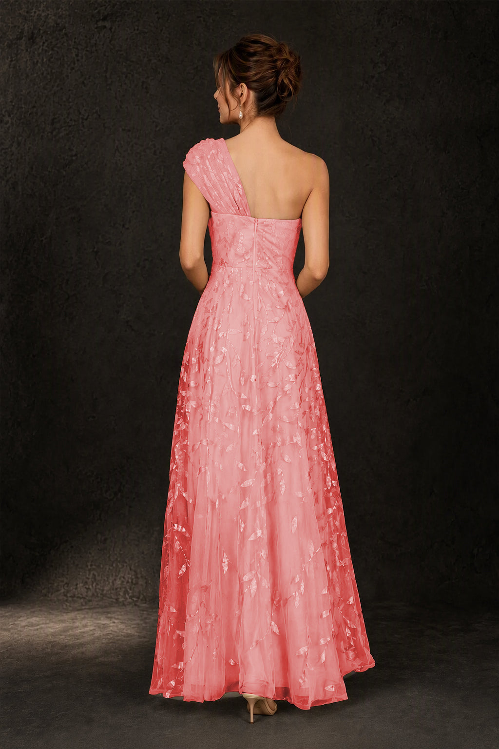 BOLODOO Coral Leaf Sequin One-Shoulder A-Line Maxi Gown – Mother of the Bride & Formal Evening Dress - Coral