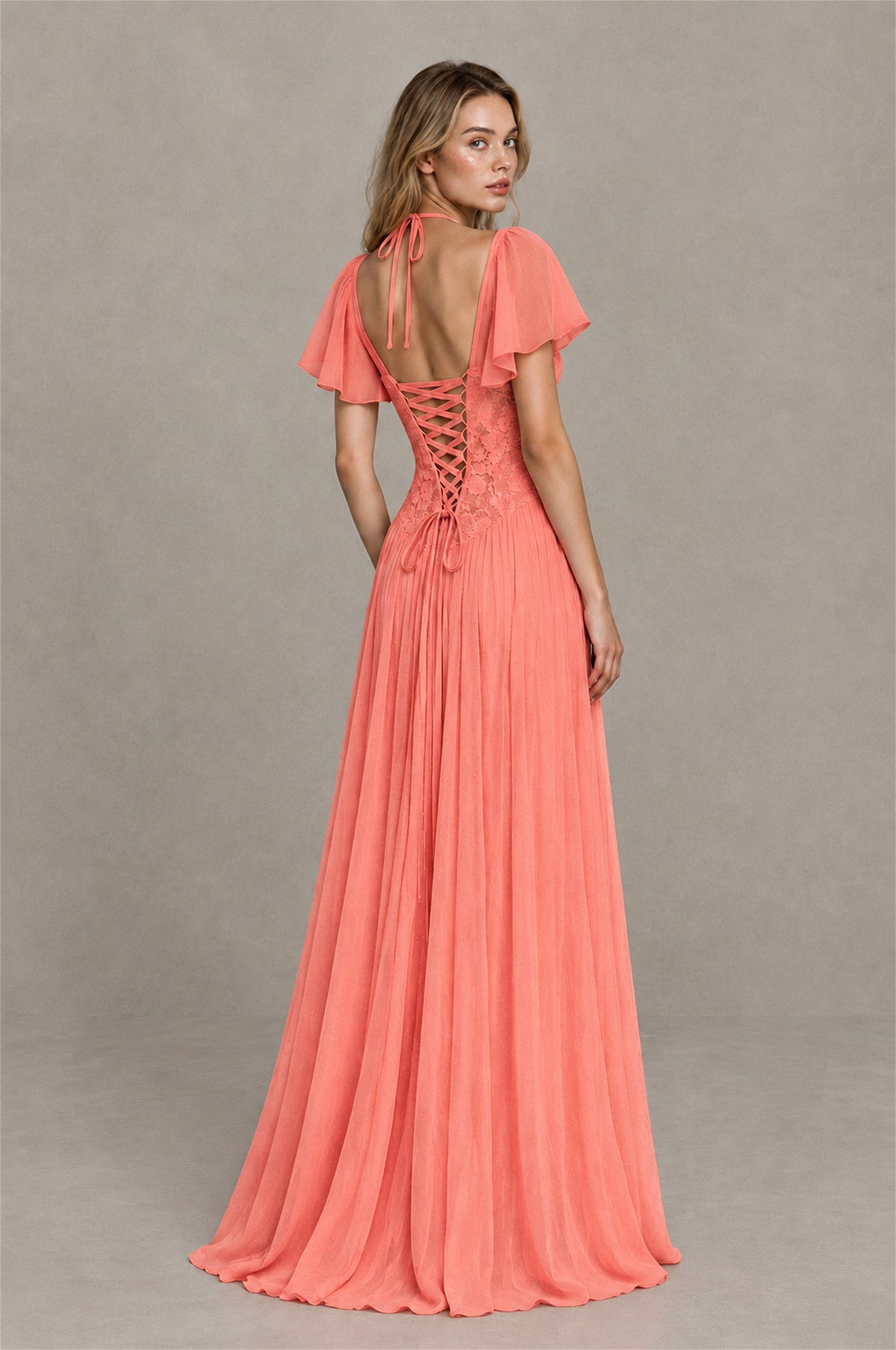 BOLODOO Coral Flutter Sleeve Lace Corset A-Line Maxi Dress - Coral - Coral (2)