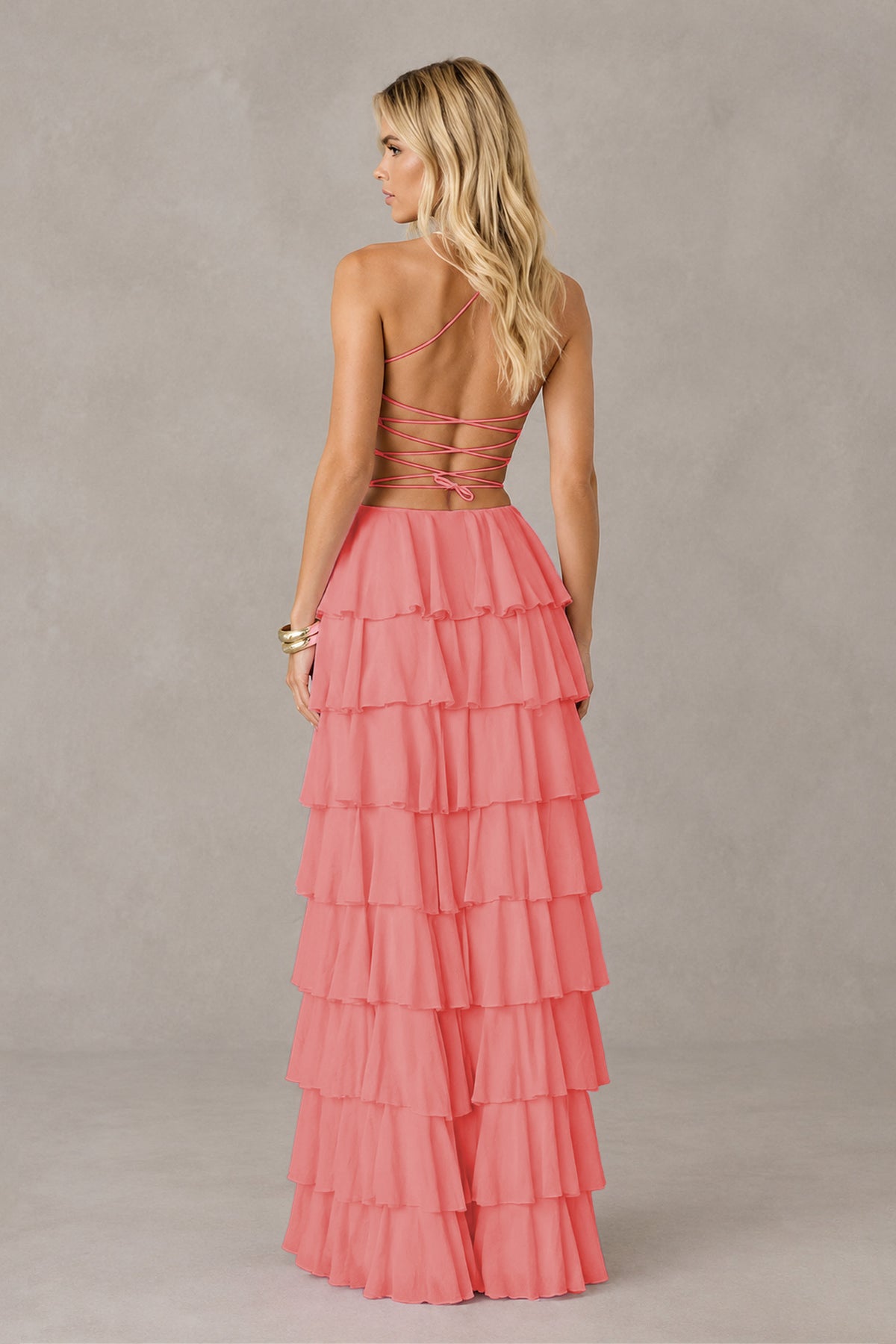 BOLODOO Coral Strapless Tiered Ruffle Maxi Dress with Slit & Lace-Up Back - Coral