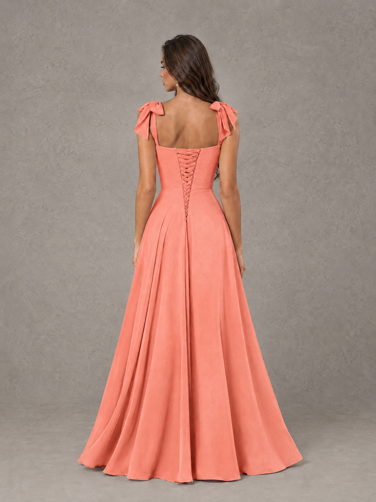 BOLODOO Coral Bow-Strap Bridesmaid Dress with Ruffle Slit - Coral - Coral (2)