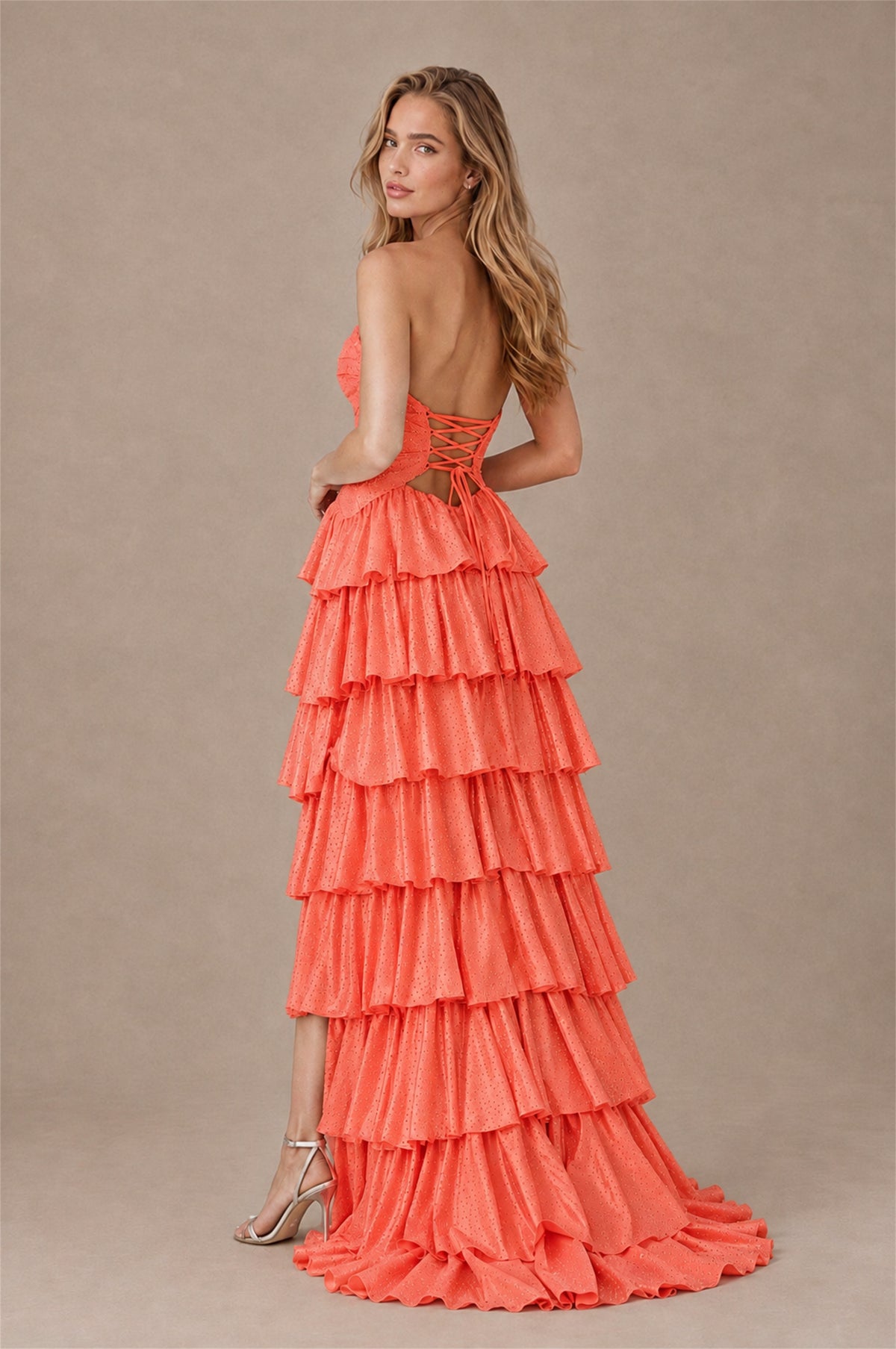 BOLODOO Coral Strapless Cutout Tiered Ruffle Prom Dress with High Slit - Coral - Coral (2)