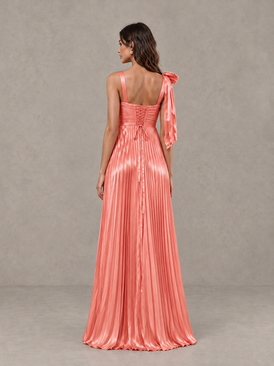BOLODOO Coral Pleated Bow-Strap Bridesmaid Maxi Dress - Coral - Coral (2)