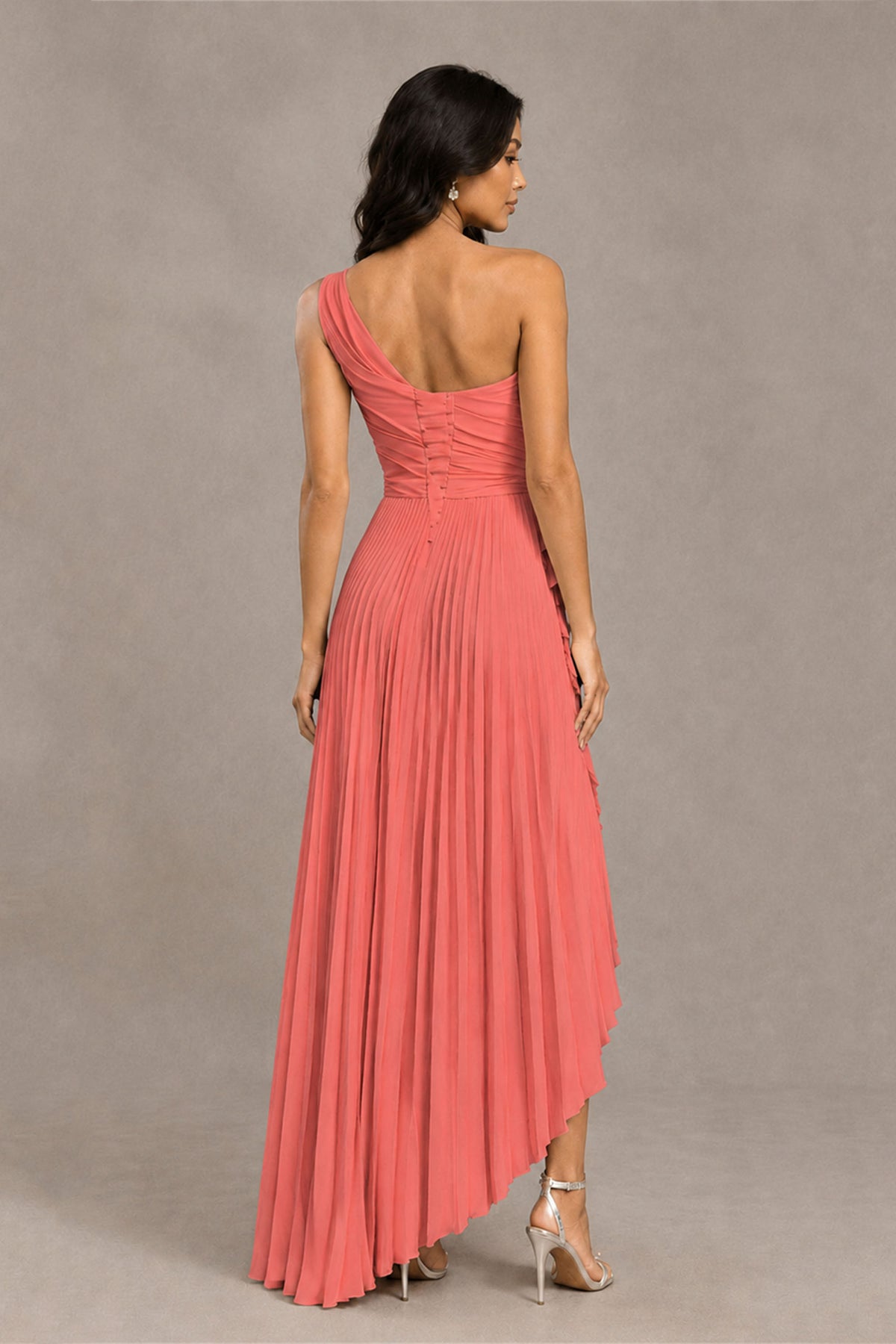 BOLODOO Coral One-Shoulder High-Low Ruffle Maxi Dress - Coral